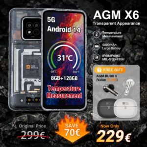 AGM X6 Phantom | Transparent Appearance | Stylish | Octa-Core 5G Rugged Smartphone | Multi-scene Temperature Detection | Customizable Side Button | 50MP Main Camera | Android 14